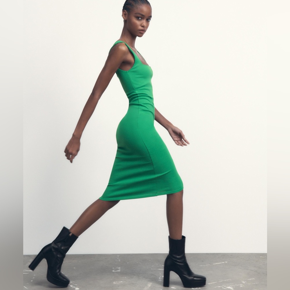 Zara square neckline midi emerald green dress - Picture 1 of 8
